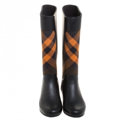 Pre Owned Burberry Black/Orange House Check Fabric and Rubber Clemence Rain Boots Size 39