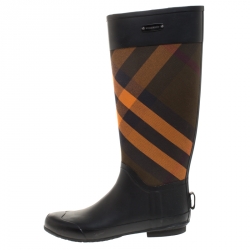 Pre Owned Burberry Black/Orange House Check Fabric and Rubber Clemence Rain Boots Size 39
