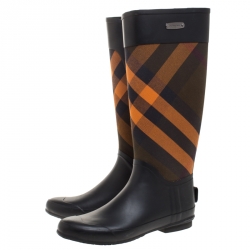 Pre Owned Burberry Black/Orange House Check Fabric and Rubber Clemence Rain Boots Size 39