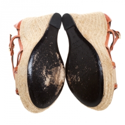 Pre Owned Burberry Orange Leather And Novacheck Canvas Espadrille Peep Toe Wedge Sandals Size 36