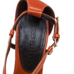Pre Owned Burberry Orange Leather And Novacheck Canvas Espadrille Peep Toe Wedge Sandals Size 36