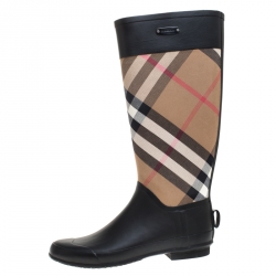 مملوكة مسبقًا Burberry Black/Beige House Check Fabric and Rubber Clemence Rain Boots Size 40