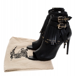 Pre Owned Burberry Black Leather Overfield Fringe Open Toe Ankle Boots Size 39