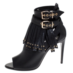 Pre Owned Burberry Black Leather Overfield Fringe Open Toe Ankle Boots Size 39