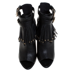 Pre Owned Burberry Black Leather Overfield Fringe Open Toe Ankle Boots Size 39