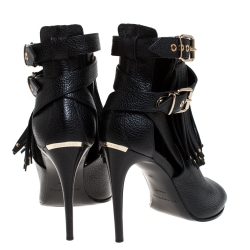 Pre Owned Burberry Black Leather Overfield Fringe Open Toe Ankle Boots Size 39