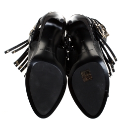 Pre Owned Burberry Black Leather Overfield Fringe Open Toe Ankle Boots Size 39