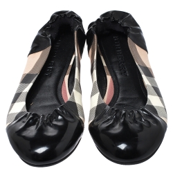 Pre Owned Burberry Black Patent Leather And Nova Check Canvas Scrunch Ballet Flats Size 40