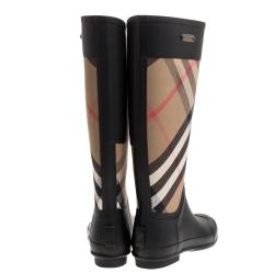 Pre Owned Burberry Black/Beige House Check Fabric And Rubber Clemence Rain Boots Size 37