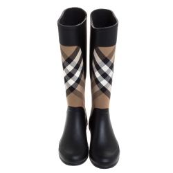 Pre Owned Burberry Black/Beige House Check Fabric And Rubber Clemence Rain Boots Size 37