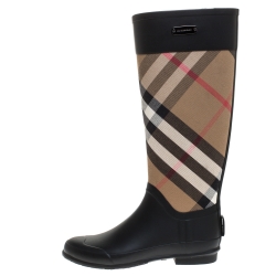 Pre Owned Burberry Black/Beige House Check Fabric And Rubber Clemence Rain Boots Size 37