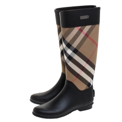 Pre Owned Burberry Black/Beige House Check Fabric And Rubber Clemence Rain Boots Size 37