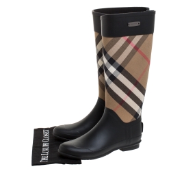 Pre Owned Burberry Black/Beige House Check Fabric And Rubber Clemence Rain Boots Size 37