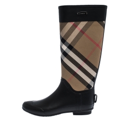 مملوكة مسبقًا Burberry Black/Beige House Check Fabric And Rubber Clemence Rain Boots Size 39