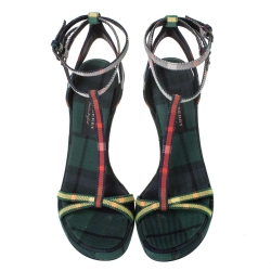 Pre Owned Burberry Green Novacheck Fabric Runway Hans T Strap Sandals Size 38