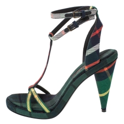 Pre Owned Burberry Green Novacheck Fabric Runway Hans T Strap Sandals Size 38