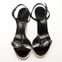 مملوكة مسبقًا Burberry Black Patent Check Espadrilles Wedges Sandals Size 41