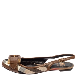 مملوكة مسبقًا Burberry Brown Nova Check Canvas and Leather Buckle Belt Slingback Flats Size 38