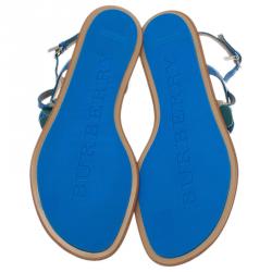 مملوكة مسبقًا Burberry Blue Leather Flower Detail Ankle Strap Flat Sandals Size 38