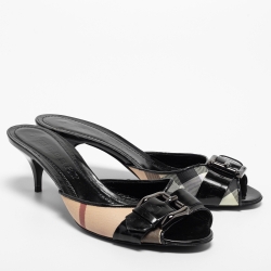 مملوكة مسبقًا Burberry Black/Beige Coated Canvas and Leather Buckle Slide Sandals Size 40