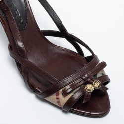 Pre Owned Burberry Brown/Beige Leather and Coated Canvas Ankle Strap Sandals Size 36