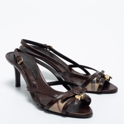 Pre Owned Burberry Brown/Beige Leather and Coated Canvas Ankle Strap Sandals Size 36