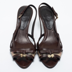 Pre Owned Burberry Brown/Beige Leather and Coated Canvas Ankle Strap Sandals Size 36