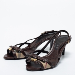 Pre Owned Burberry Brown/Beige Leather and Coated Canvas Ankle Strap Sandals Size 36