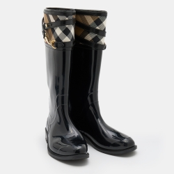Pre Owned Burberry Black/Beige Rubber and Nova Check Canvas Rain Boots Size 39