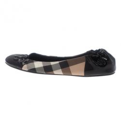 مملوكة مسبقًا Burberry Black Patent Cap Toe House Check Ballet Flats Size 39