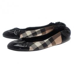 مملوكة مسبقًا Burberry Black Patent Cap Toe House Check Ballet Flats Size 39
