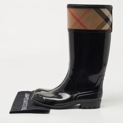 Pre Owned Burberry Black/Beige Rubber and Canvas Rain Boots Size 37