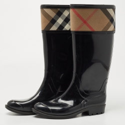 Pre Owned Burberry Black/Beige Rubber and Canvas Rain Boots Size 37