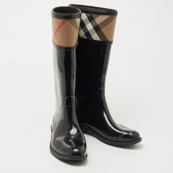 Pre Owned Burberry Black/Beige Rubber and Canvas Rain Boots Size 37