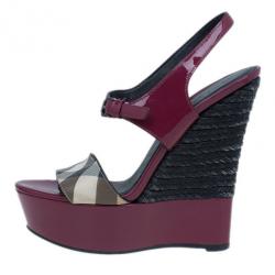 Pre Owned Burberry Burgundy Patent and Canvas Platform Espadrille Wedge Sandals Size 35.5