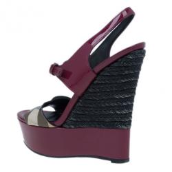 Pre Owned Burberry Burgundy Patent and Canvas Platform Espadrille Wedge Sandals Size 35.5