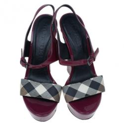 Pre Owned Burberry Burgundy Patent and Canvas Platform Espadrille Wedge Sandals Size 35.5