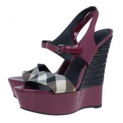 Pre Owned Burberry Burgundy Patent and Canvas Platform Espadrille Wedge Sandals Size 35.5