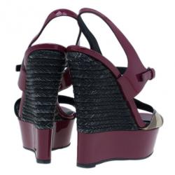 Pre Owned Burberry Burgundy Patent and Canvas Platform Espadrille Wedge Sandals Size 35.5