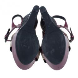 Pre Owned Burberry Burgundy Patent and Canvas Platform Espadrille Wedge Sandals Size 35.5
