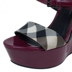 Pre Owned Burberry Burgundy Patent and Canvas Platform Espadrille Wedge Sandals Size 35.5
