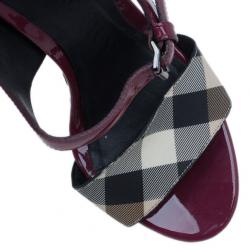 Pre Owned Burberry Burgundy Patent and Canvas Platform Espadrille Wedge Sandals Size 35.5