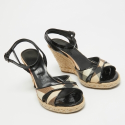 مملوكة مسبقًا Burberry Black Patent Leather And Novacheck Canvas Espadrille Wedge Sandals Size 37