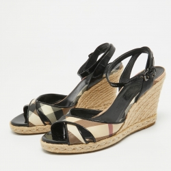 مملوكة مسبقًا Burberry Black Patent Leather And Novacheck Canvas Espadrille Wedge Sandals Size 37