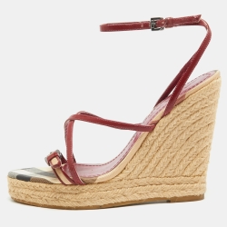 Burberry Red/Beige Patent Leather and House Check Canvas Tenbury Wedge Platform Sandals Size 37