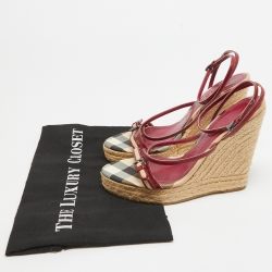 Burberry Red/Beige Patent Leather and House Check Canvas Tenbury Wedge Platform Sandals Size 37