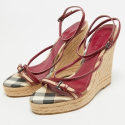 Burberry Red/Beige Patent Leather and House Check Canvas Tenbury Wedge Platform Sandals Size 37