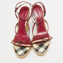 Burberry Red/Beige Patent Leather and House Check Canvas Tenbury Wedge Platform Sandals Size 37