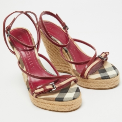 Burberry Red/Beige Patent Leather and House Check Canvas Tenbury Wedge Platform Sandals Size 37