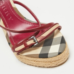 Burberry Red/Beige Patent Leather and House Check Canvas Tenbury Wedge Platform Sandals Size 37